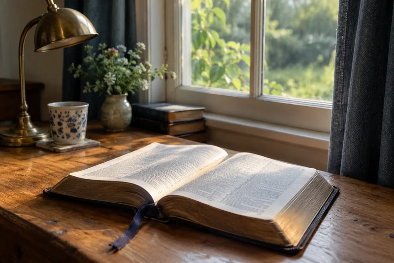 An open Bible beside a window, lit by soft morning light